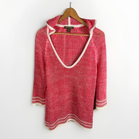 Tommy Bahama Open Knit Sweater Women’s M Hooded Pink Cotton Linen Beach Vacation - Picture 1 of 12